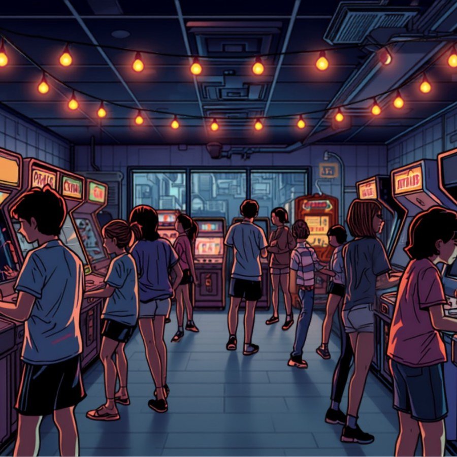 Illustration of arcade games and players at Newberry Fun Park
